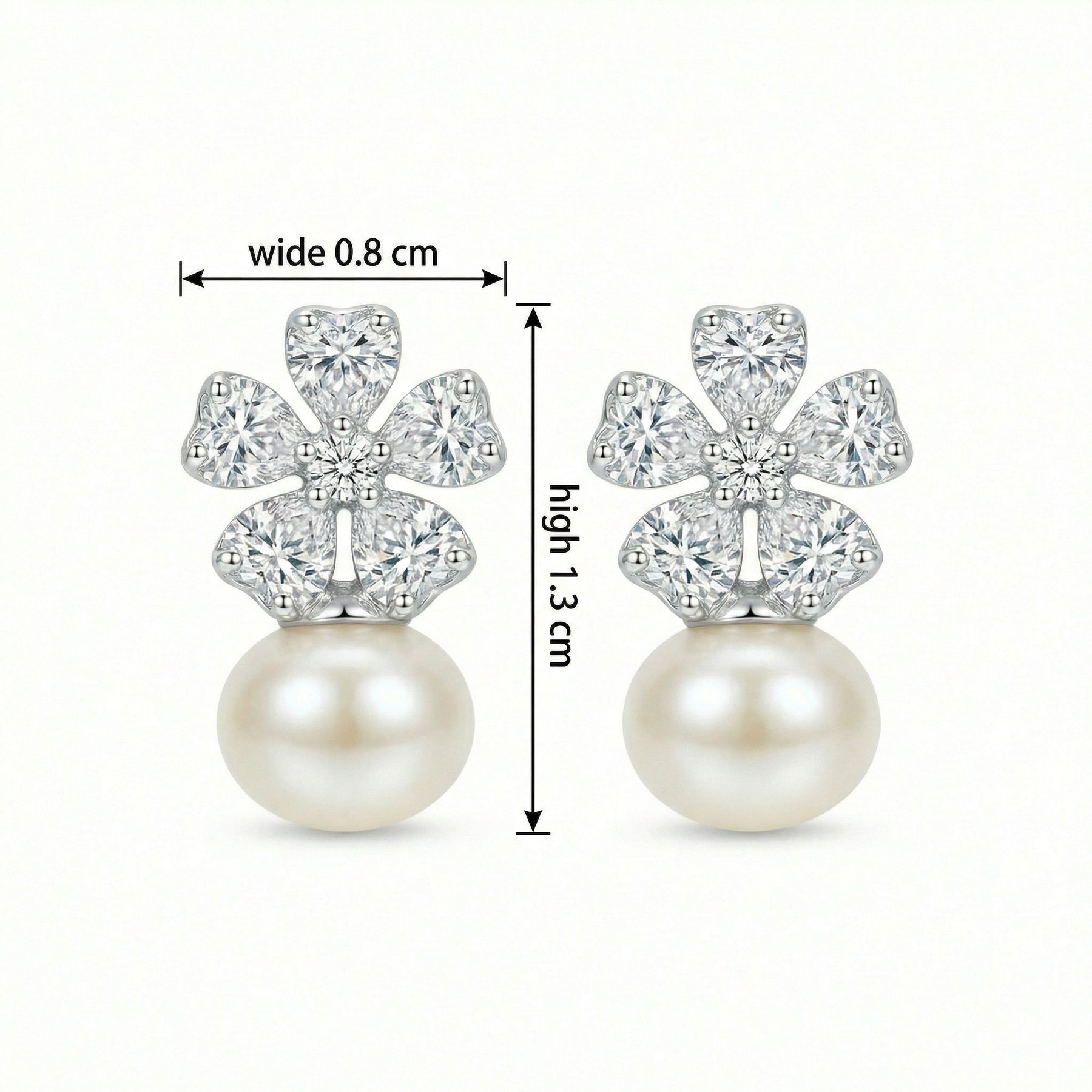 Flower Studs with Heart-Shaped Petals – pearl earrings, close-up