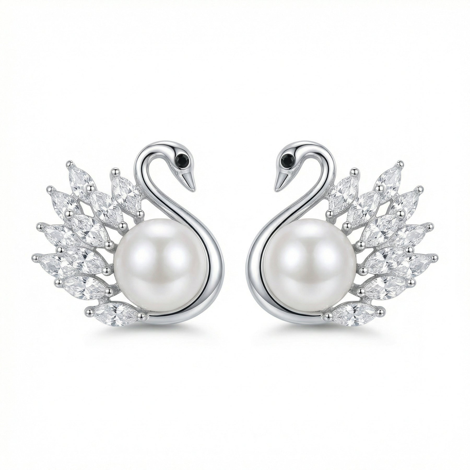 Swan Studs with Pearl and Marquise Accents – pearl earrings, side detail