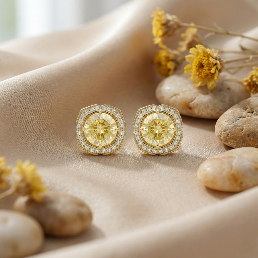 Canary Octagonal Halo Stud Earrings – sterling silver earrings, close-up