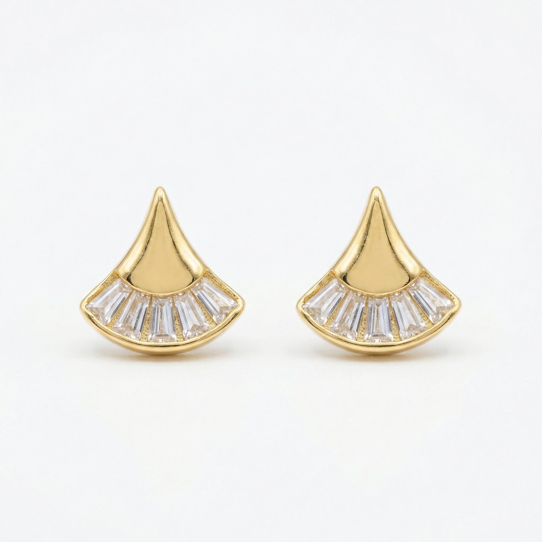 Fan-Shaped Baguette Stud Earrings – sterling silver earrings, front view