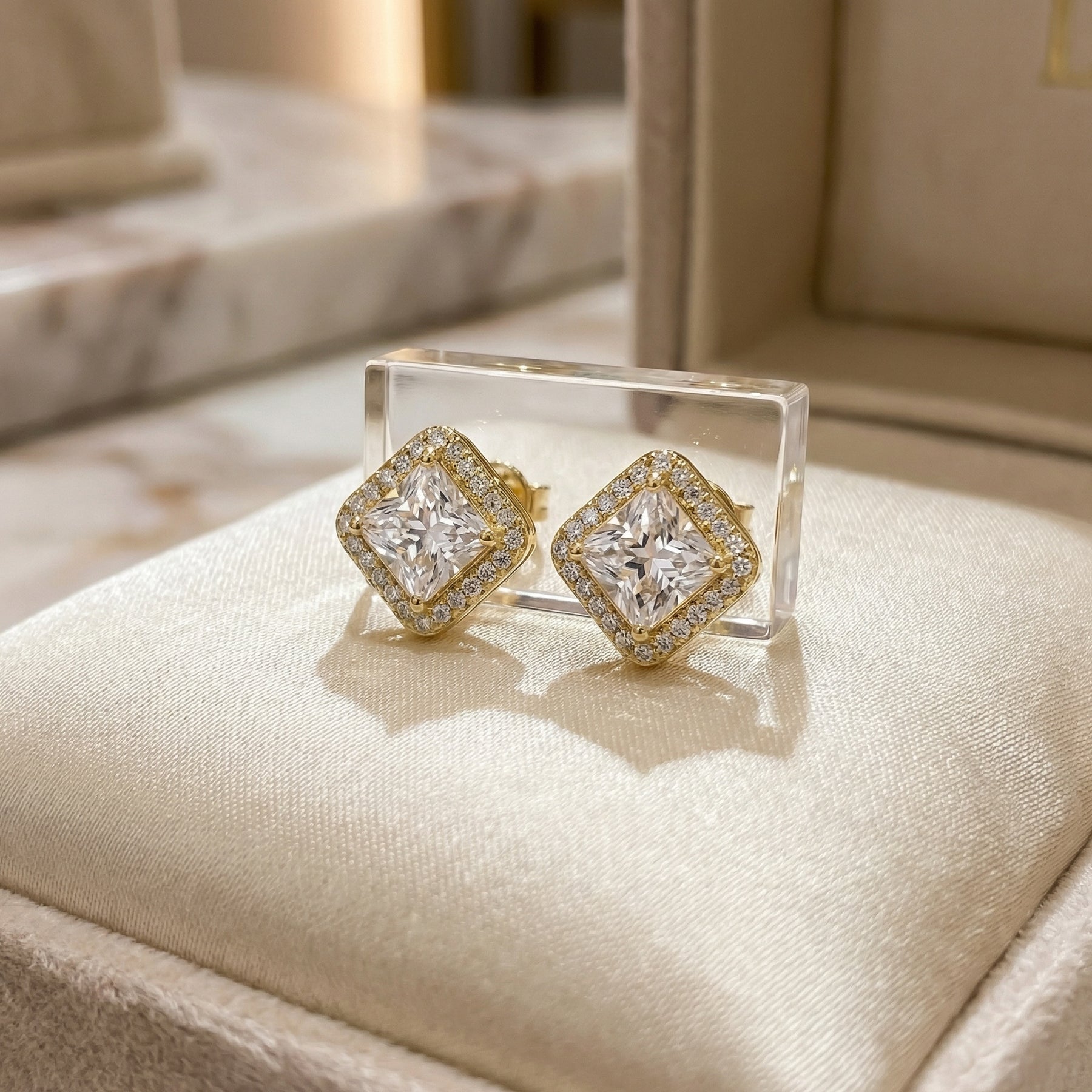 Square-Cut Halo Stud Earrings – sterling silver earrings, side detail