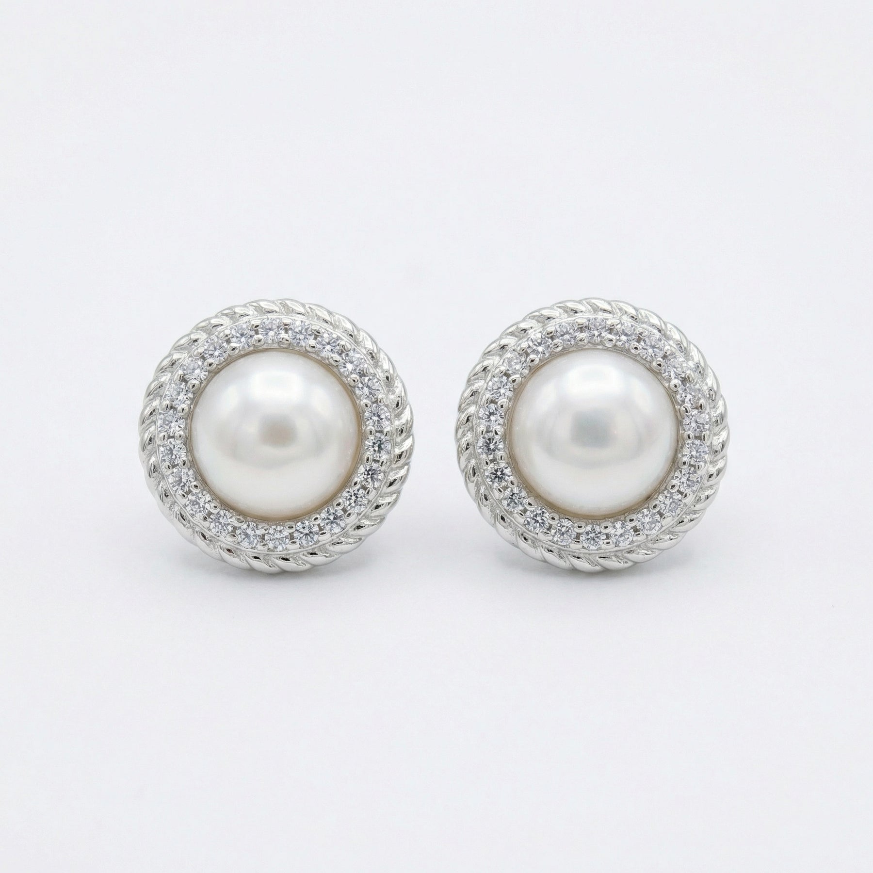 Pearl Halo Studs, Twisted Rope Detail – pearl earrings