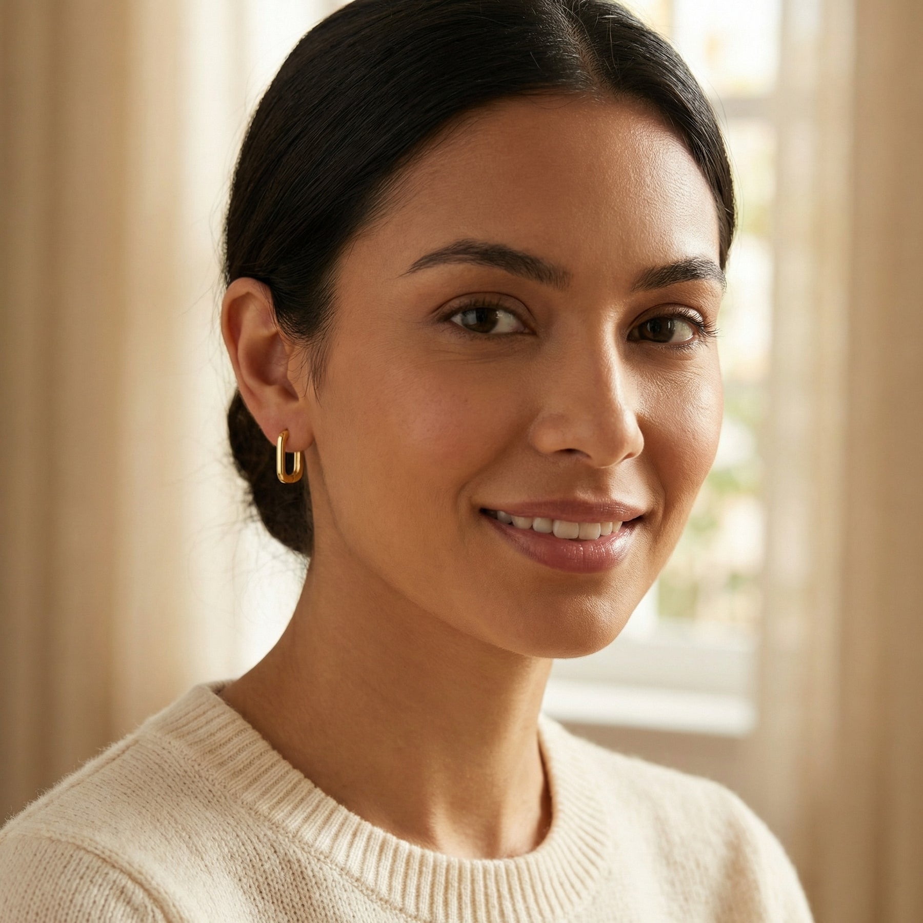 Sleek Rectangular Huggie Hoop Earrings – sterling silver earrings, front view