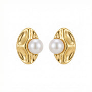 Pearl and Textured Oval Statement Earrings – pearl earrings, front view