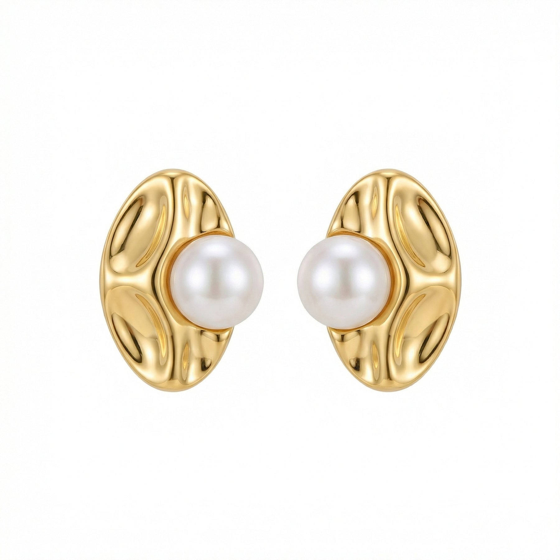 Pearl and Textured Oval Statement Earrings – pearl earrings, front view