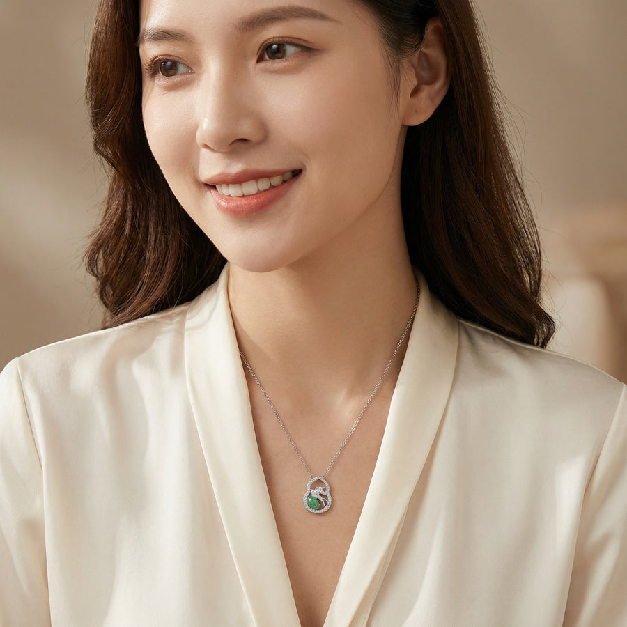 Jadeite Gourd Necklace with Bird Motif – jade necklace, front view