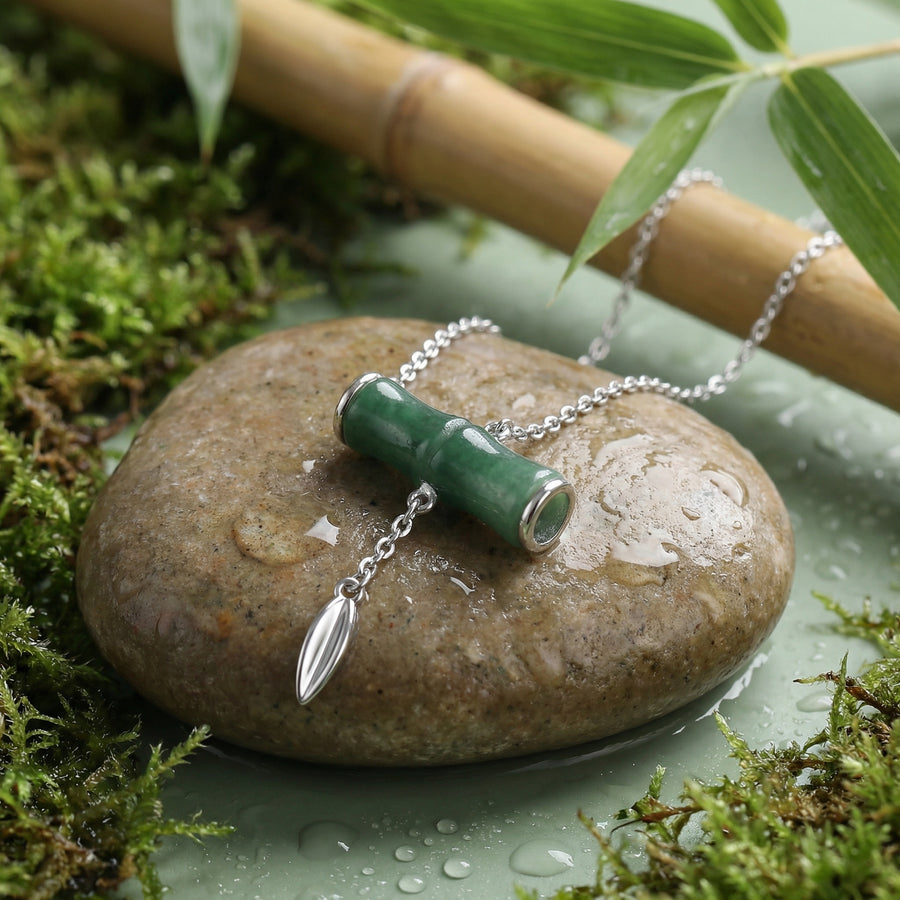 Green Jade Bamboo Pendant Necklace – jade necklace, styling detail