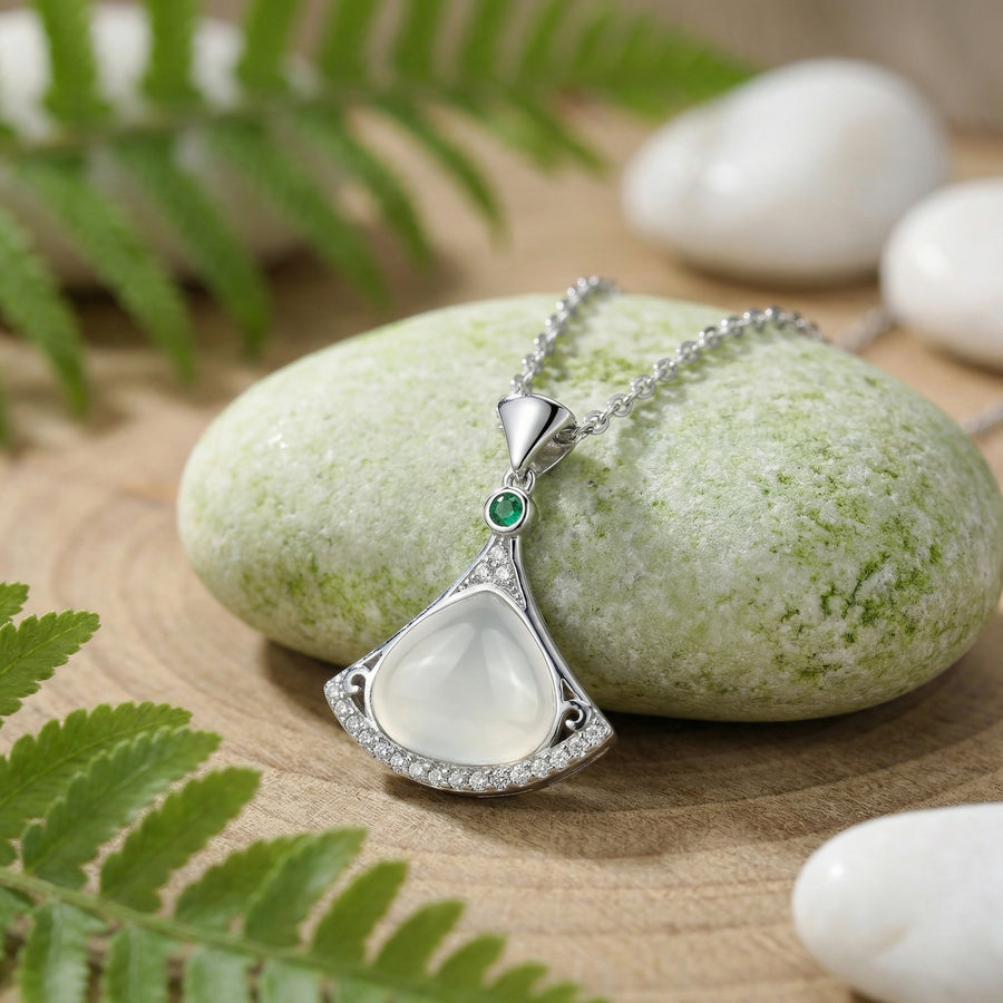 Fan-Shaped Moonstone Green stone Necklace – green stone necklace, side detail
