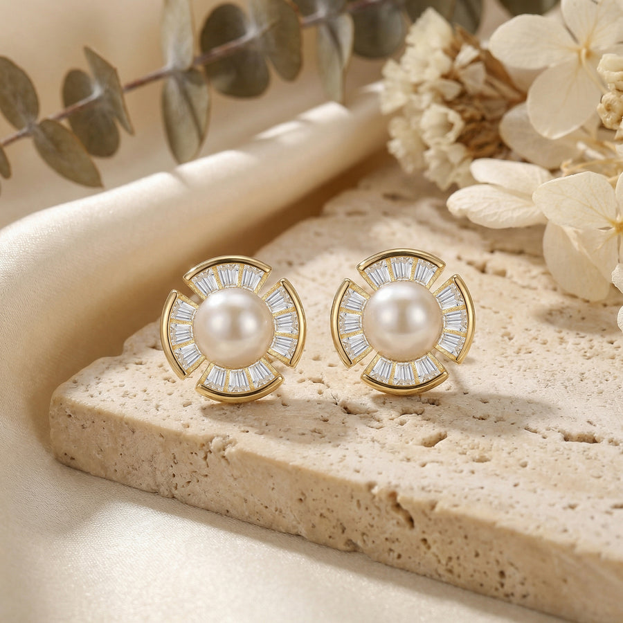 Pearl Fan-Shaped Stud Earrings – pearl earrings, side detail