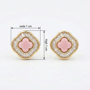 Pink Clover Baguette Stud Earrings – sterling silver earrings, close-up