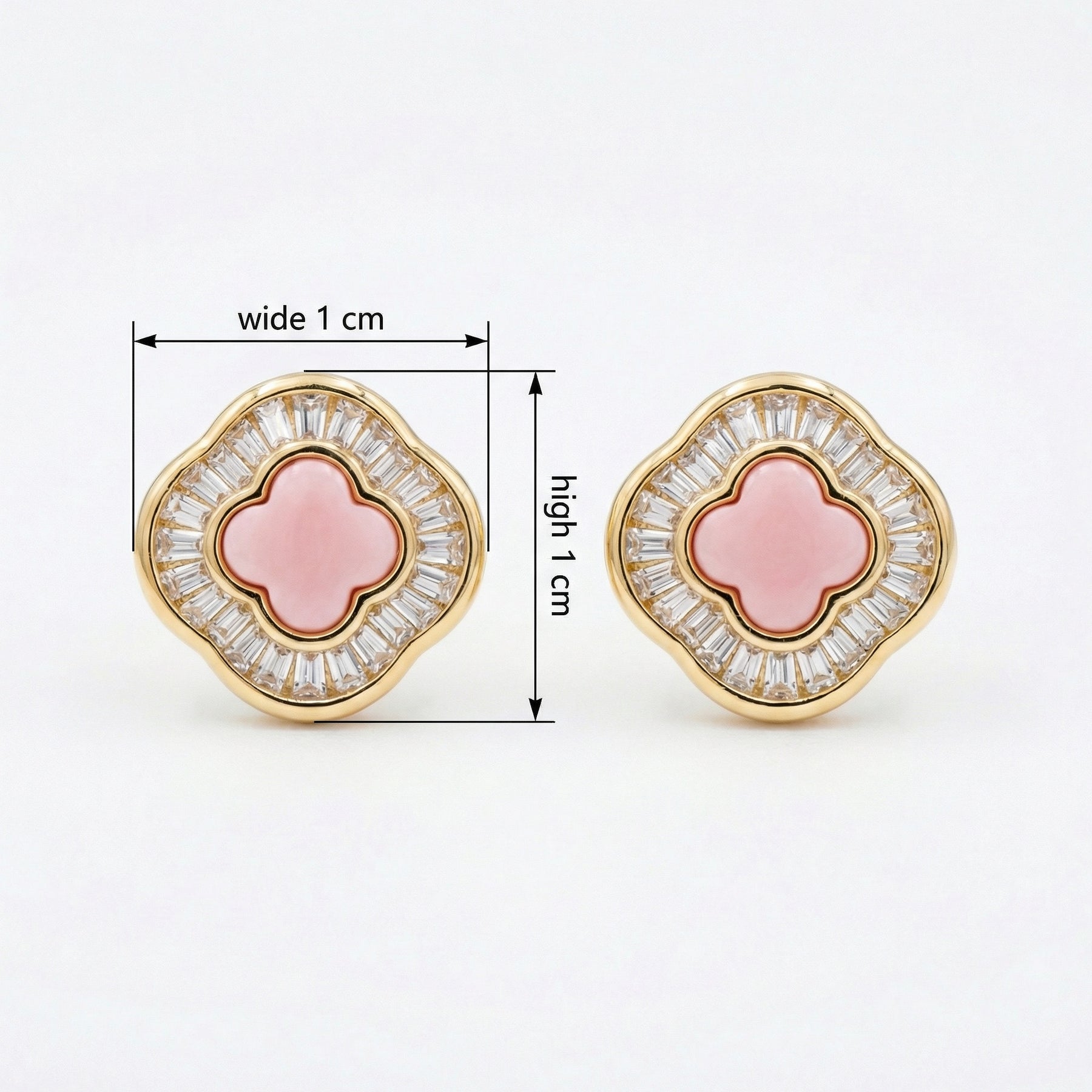 Pink Clover Baguette Stud Earrings – sterling silver earrings, close-up