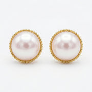 Pink Pearl Milgrain Stud Earrings – pearl earrings, close-up