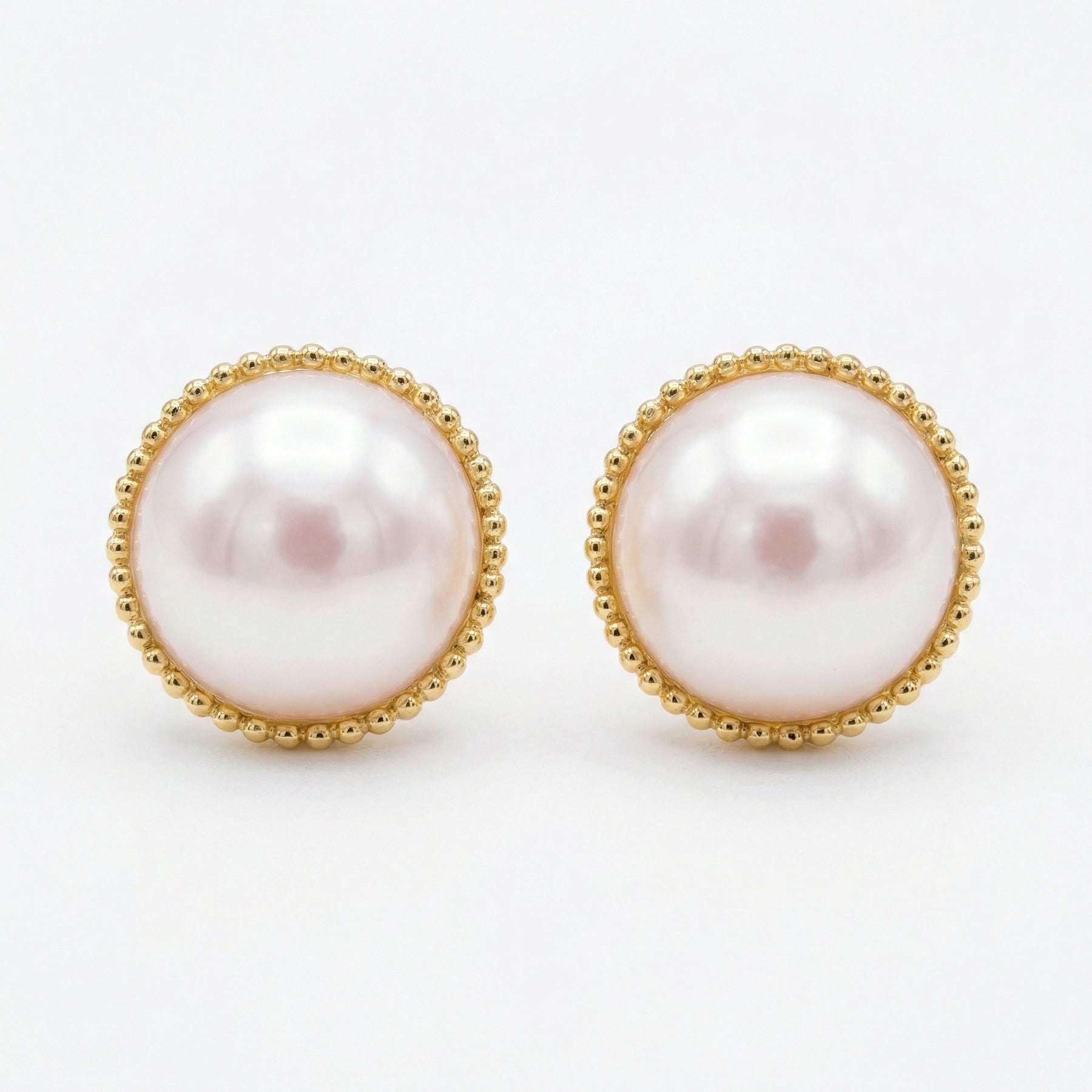 Pink Pearl Milgrain Stud Earrings – pearl earrings, close-up