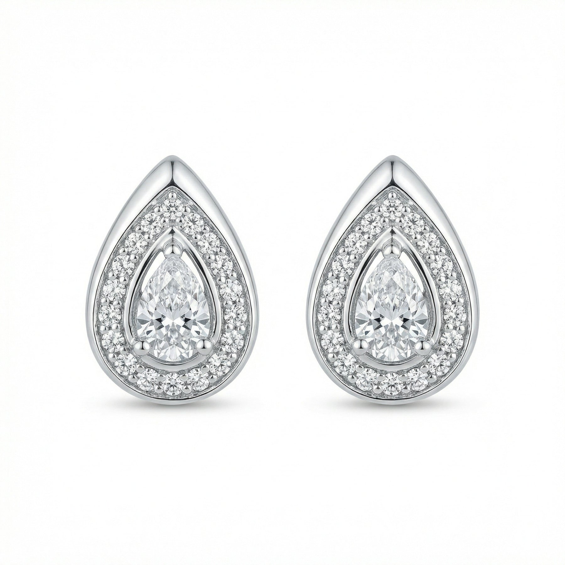 Pear-Cut Halo Teardrop Studs – sterling silver earrings, front view