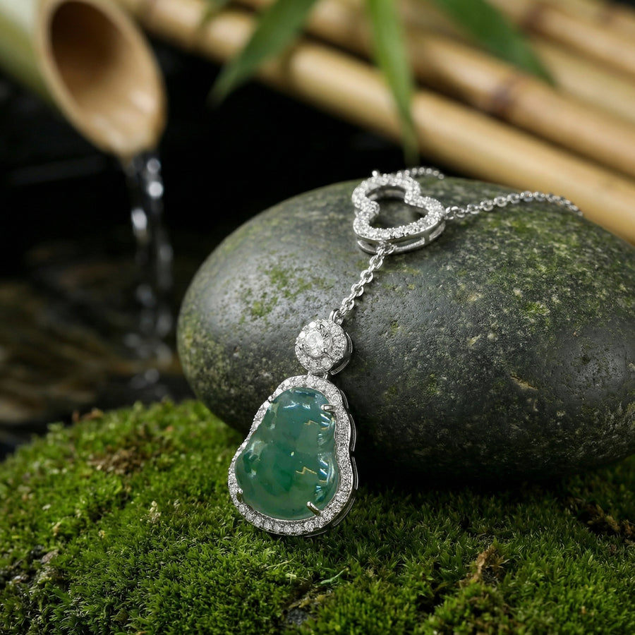 Green Jade Laughing Buddha Necklace – jade necklace, close-up