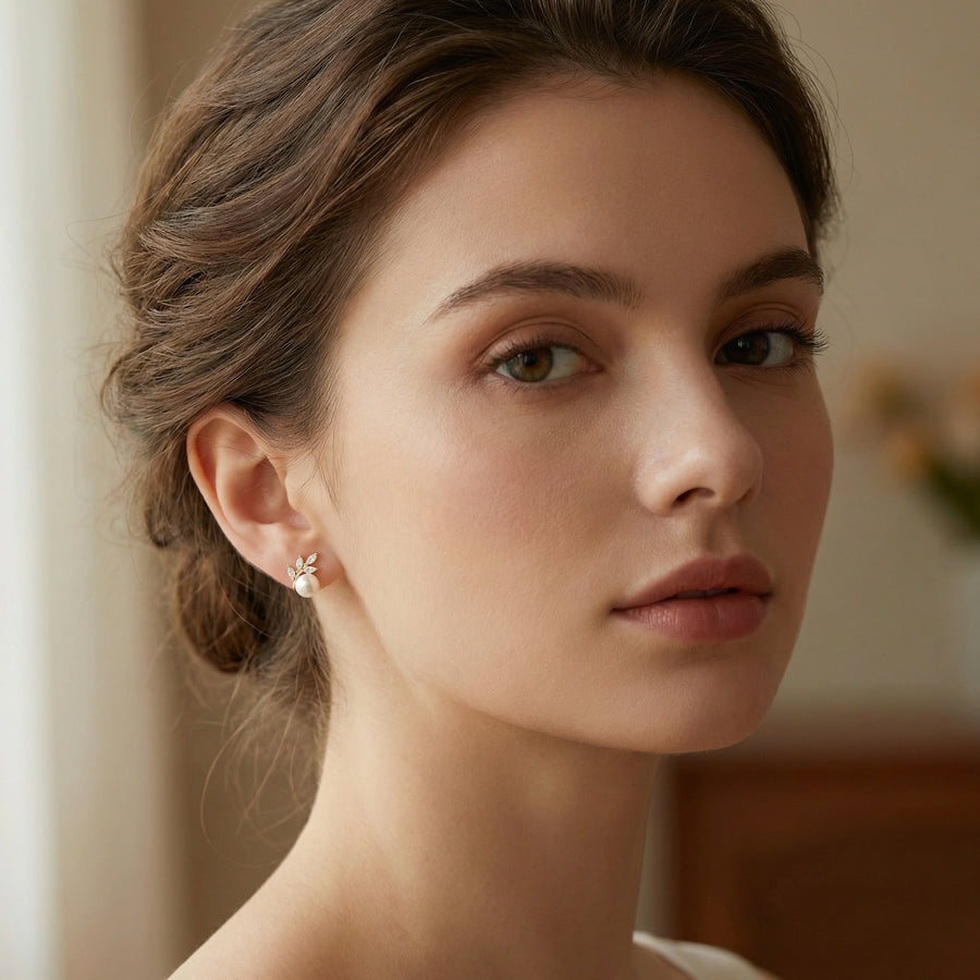 Marquise Leaf and Pearl Stud Earrings – pearl earrings