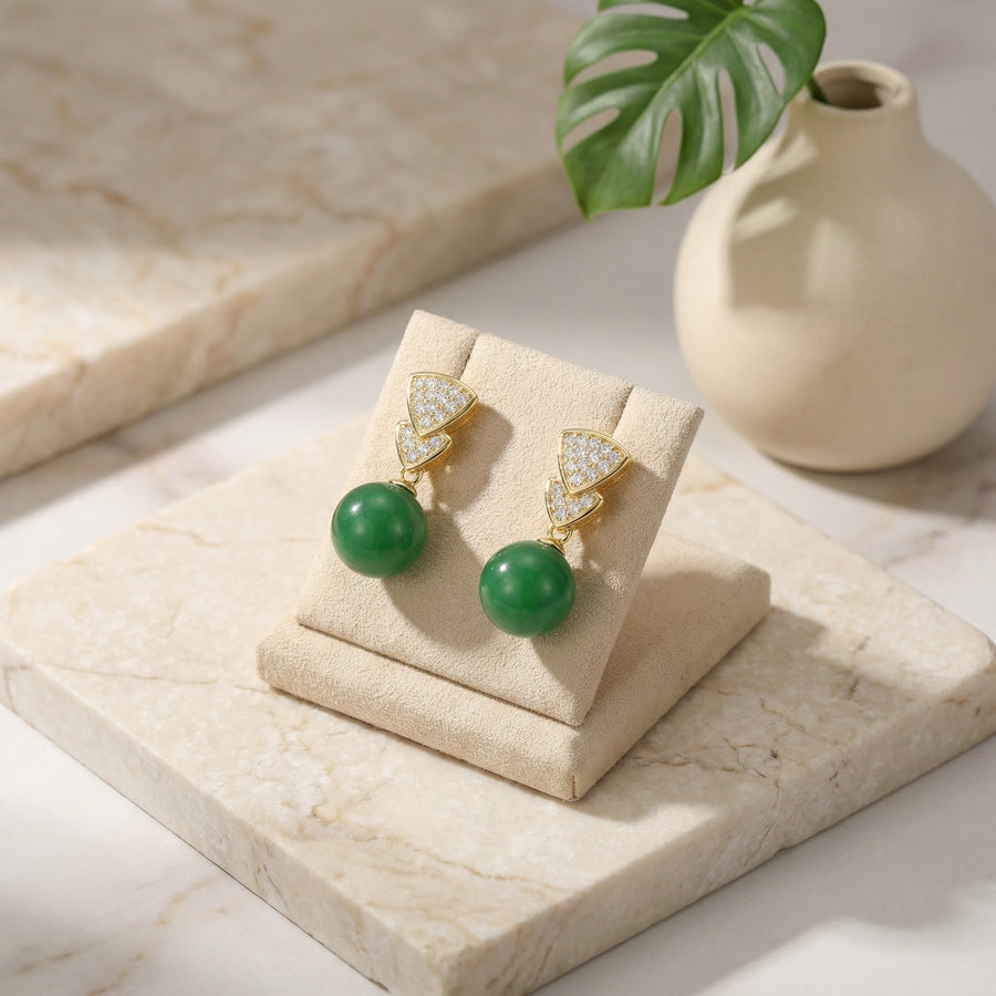 Geometric Green Sphere Drop Earrings – sterling silver earrings, side detail