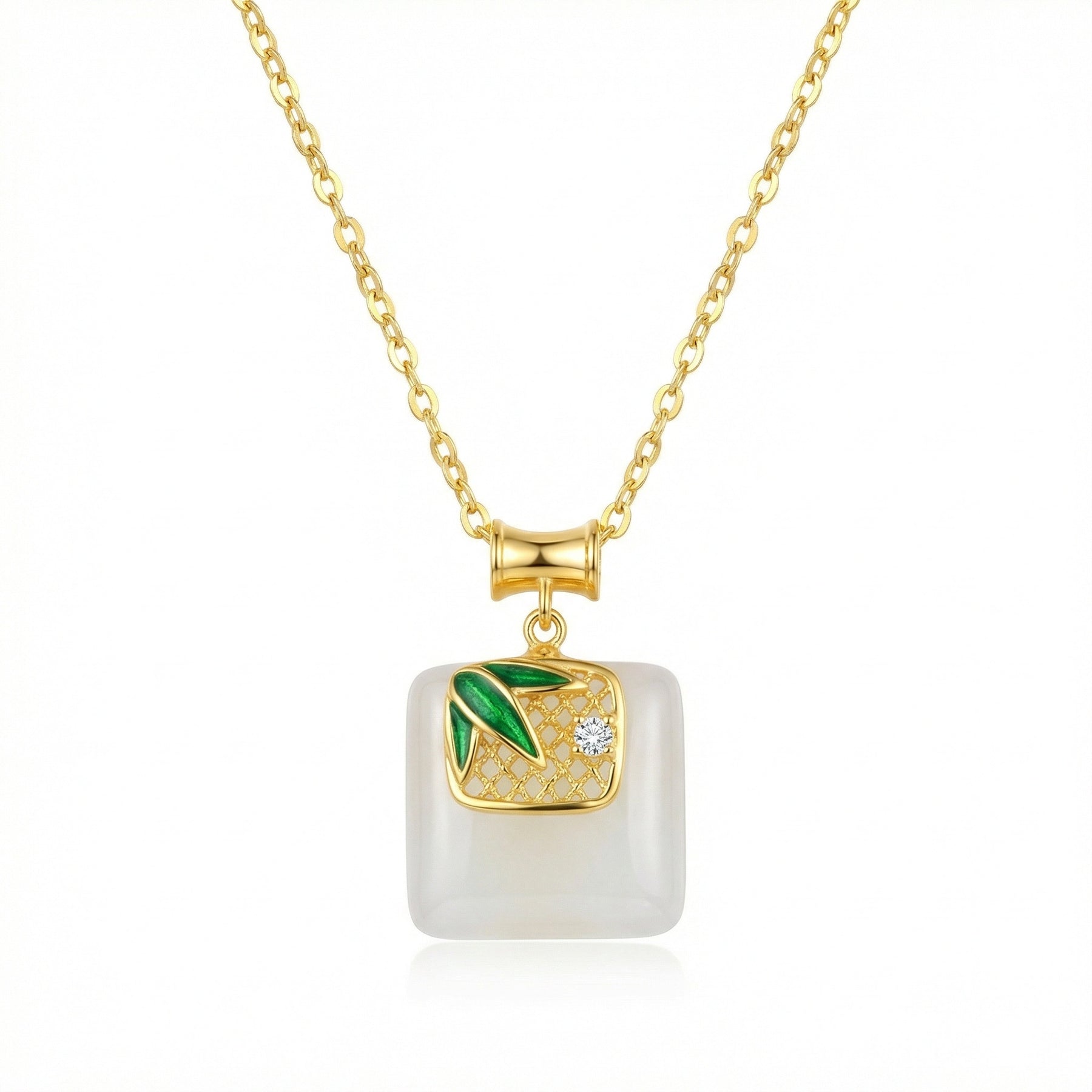 Square Jade Bamboo Leaf Necklace – jade necklace, close-up