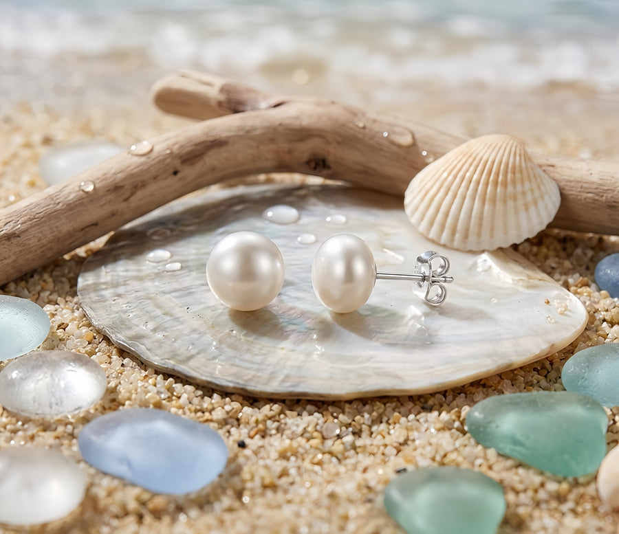 White Pearl Studs with Sterling Posts – pearl earrings, side detail