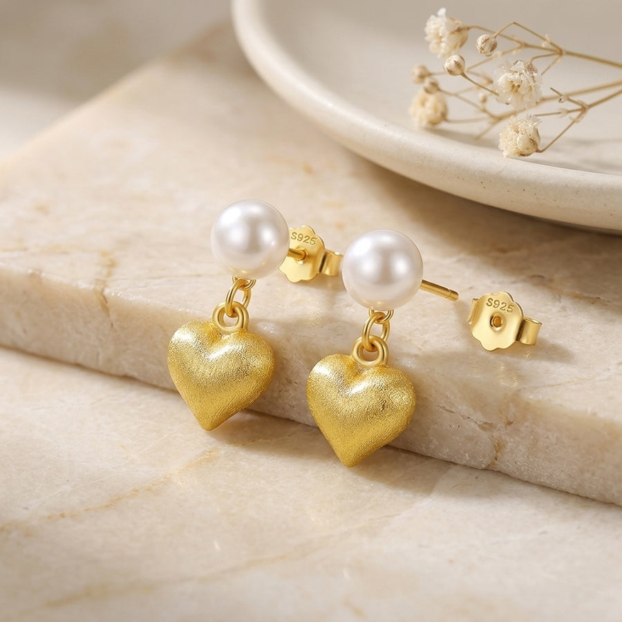 Heart and Pearl Drop Earrings – pearl earrings, close-up