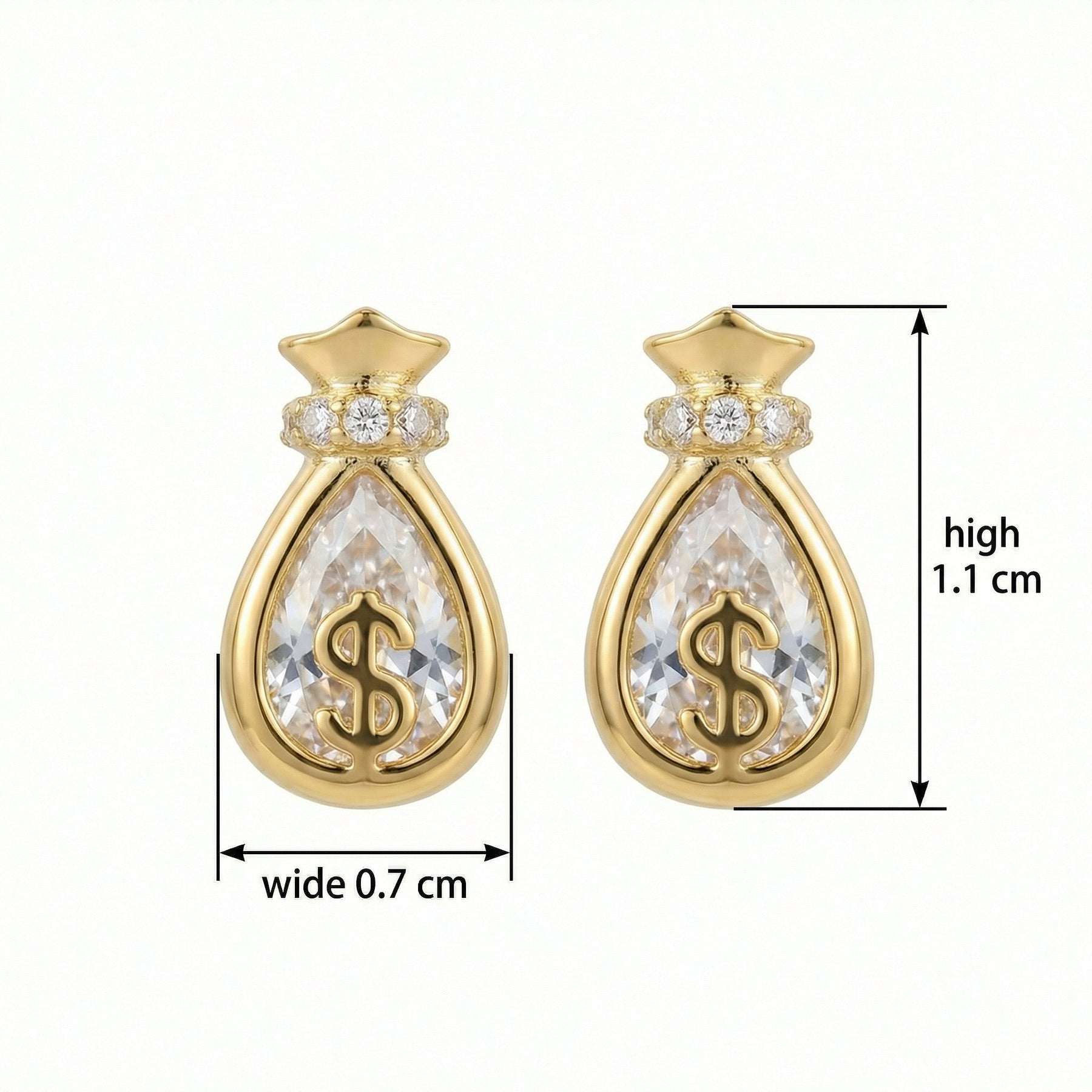 Money Bag Symbol Stud Earrings – sterling silver earrings, close-up