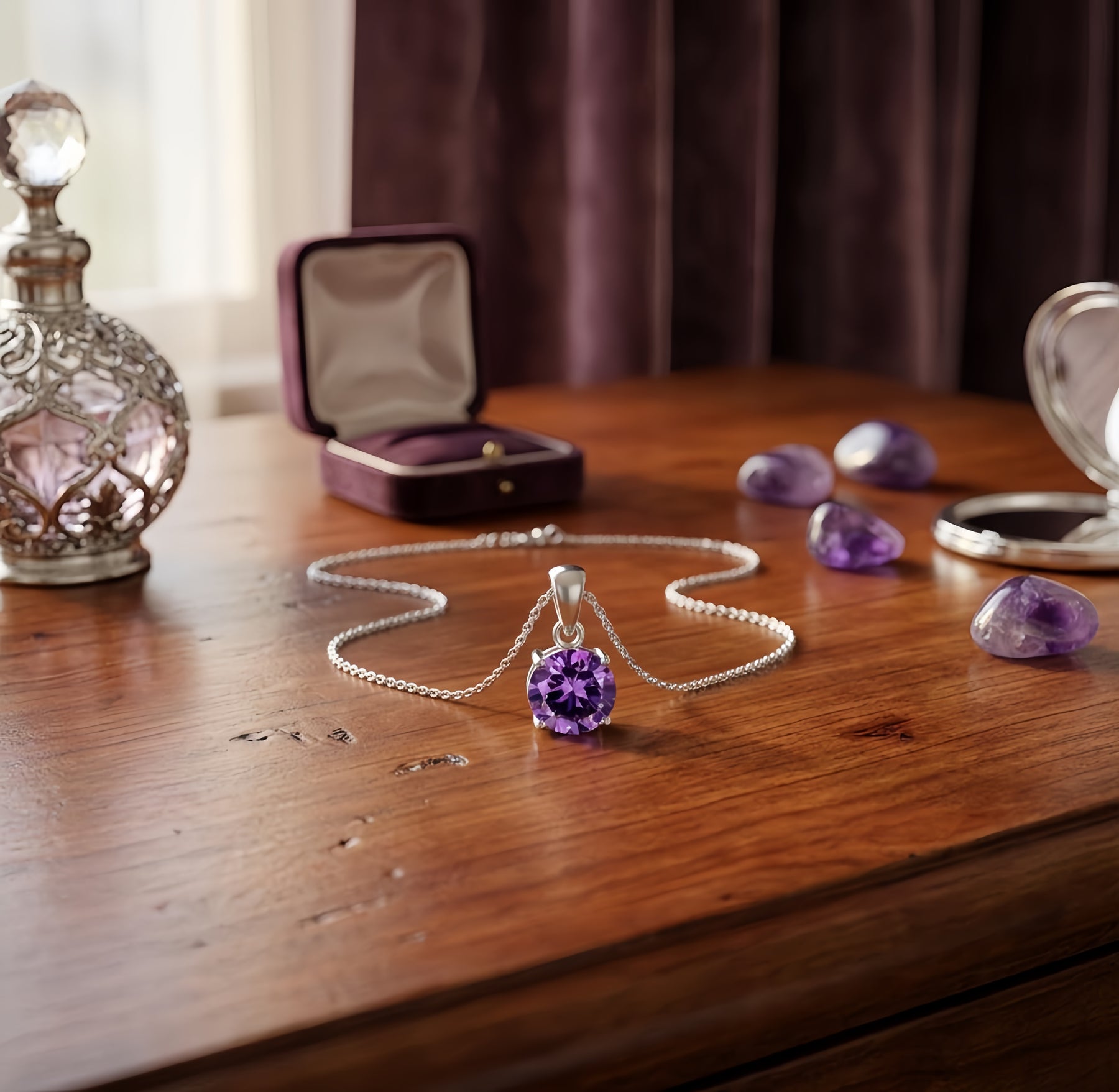 Purple Gemstone Bezel Pendant Necklace – sterling silver necklace, side detail