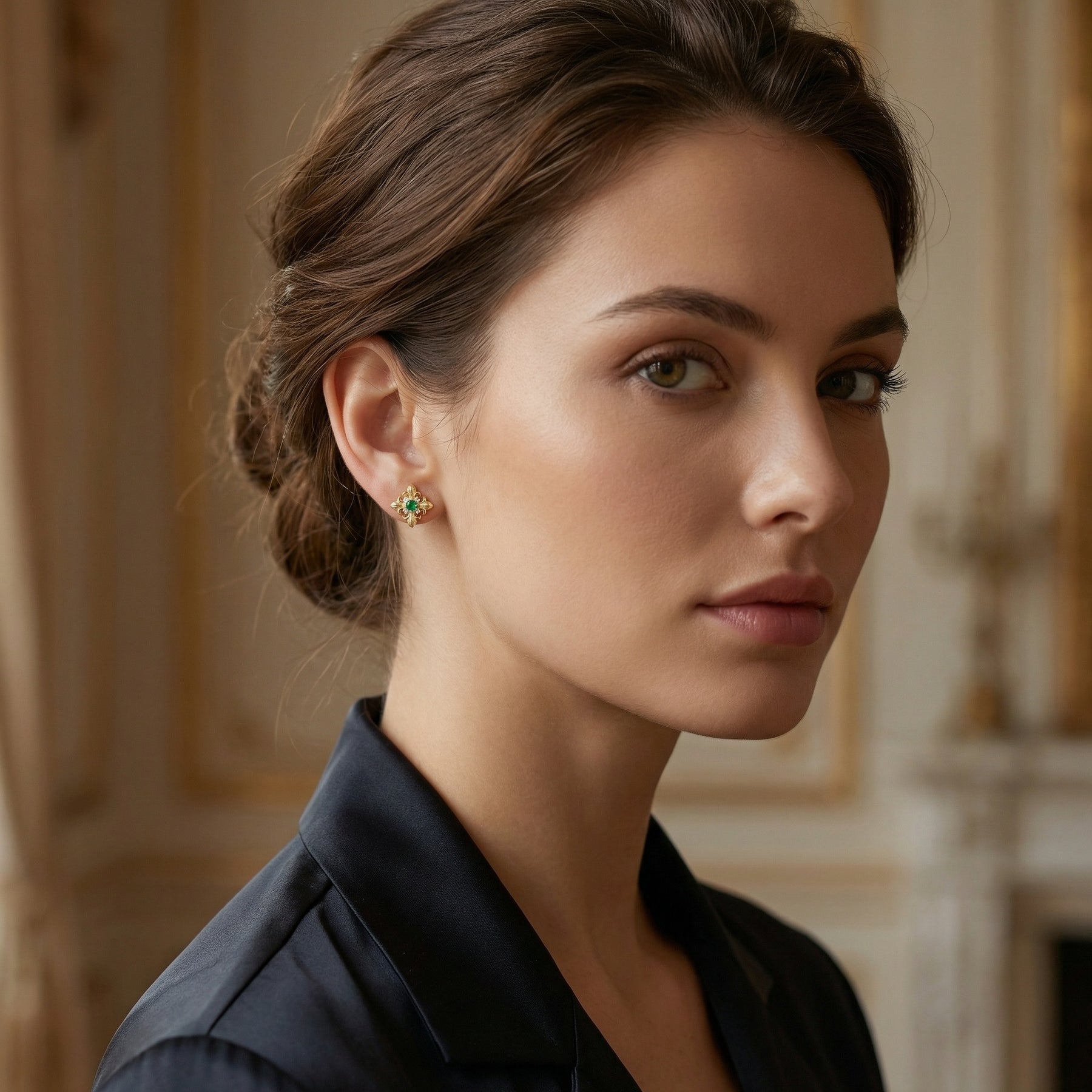 Fleur-de-lis Green stone Stud Earrings – green stone earrings, front view