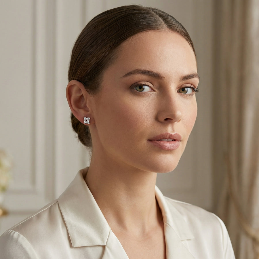 Interlaced Square Princess-Cut Studs – sterling silver earrings, front view
