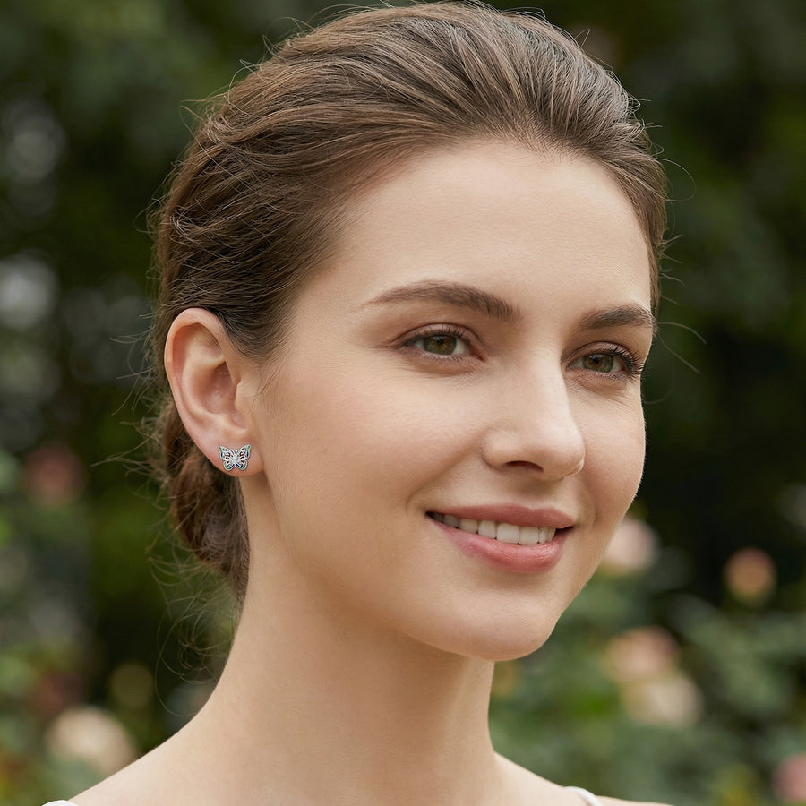 Enamel Butterfly Filigree Stud Earrings – sterling silver earrings, front view