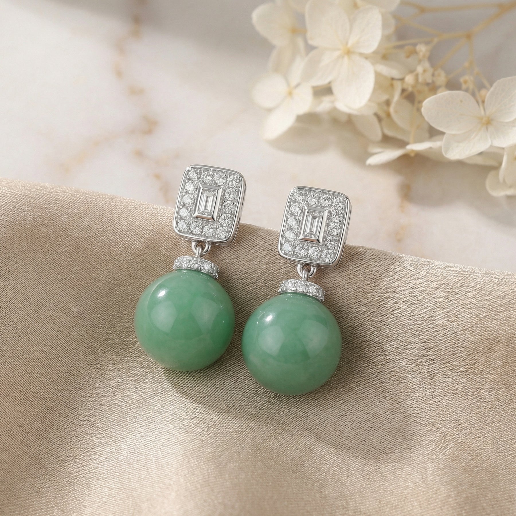 Art Deco Jadeite Orb Drop Earrings – jade earrings, front view