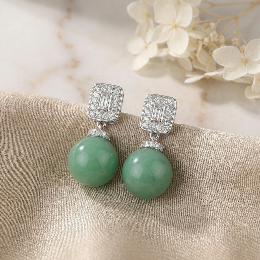 Art Deco Jadeite Orb Drop Earrings – jade earrings, front view
