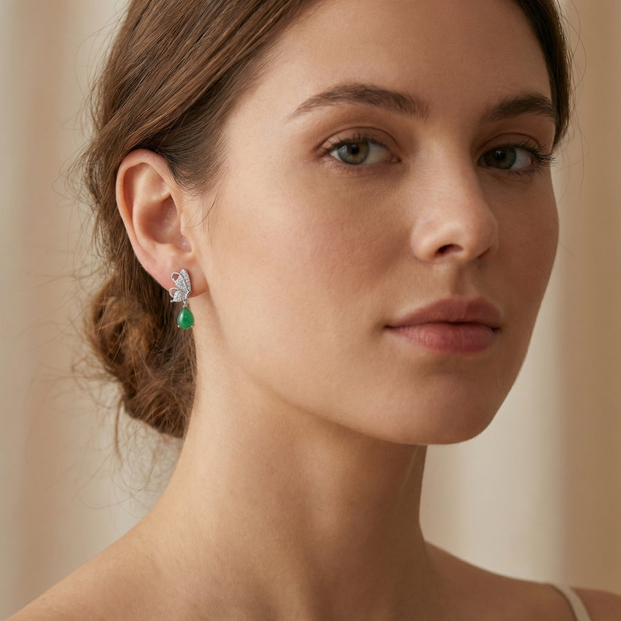 Butterfly Drops with Green Teardrop Stones – sterling silver earrings, front view