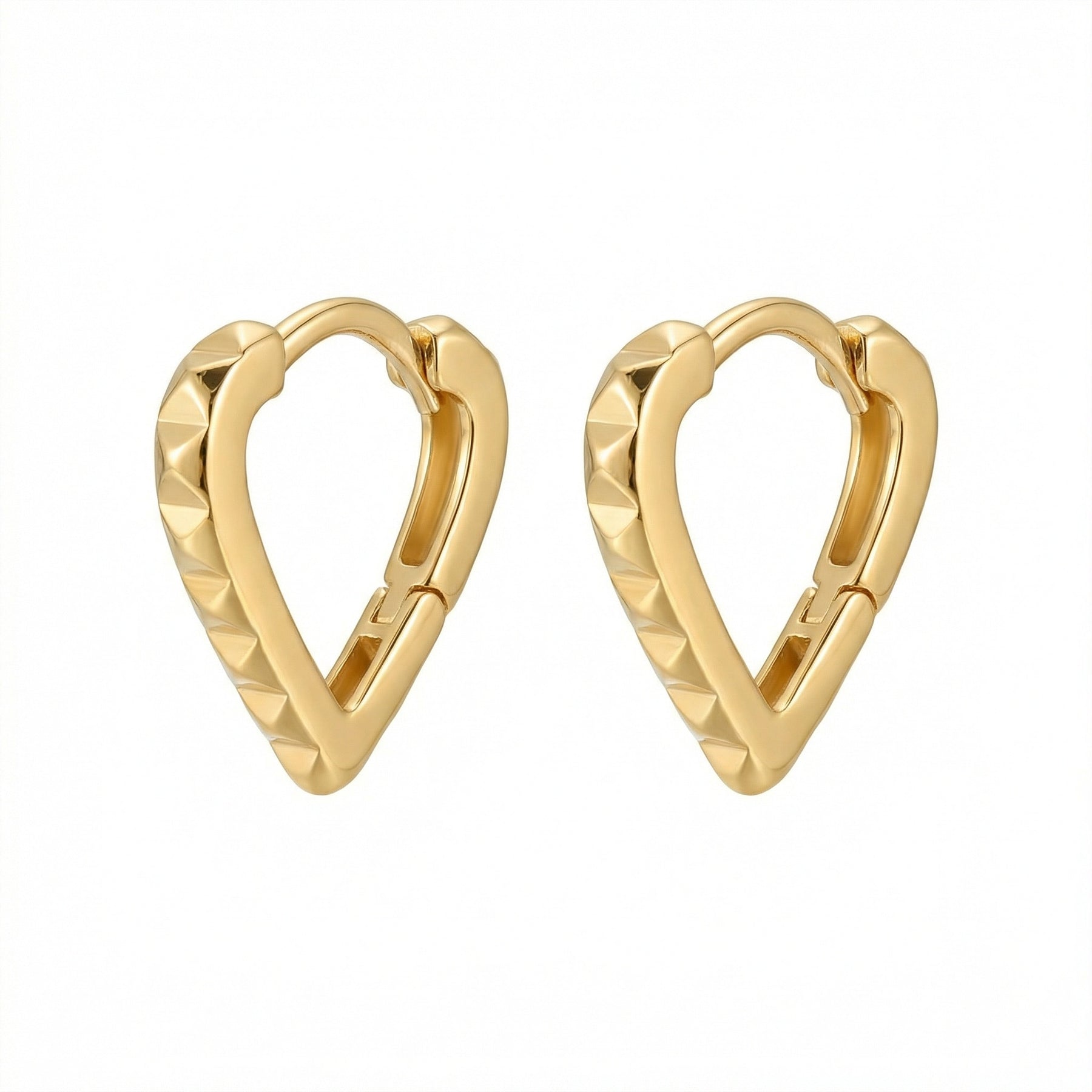 Pyramid Studded Heart Huggie Hoops – sterling silver earrings, front view