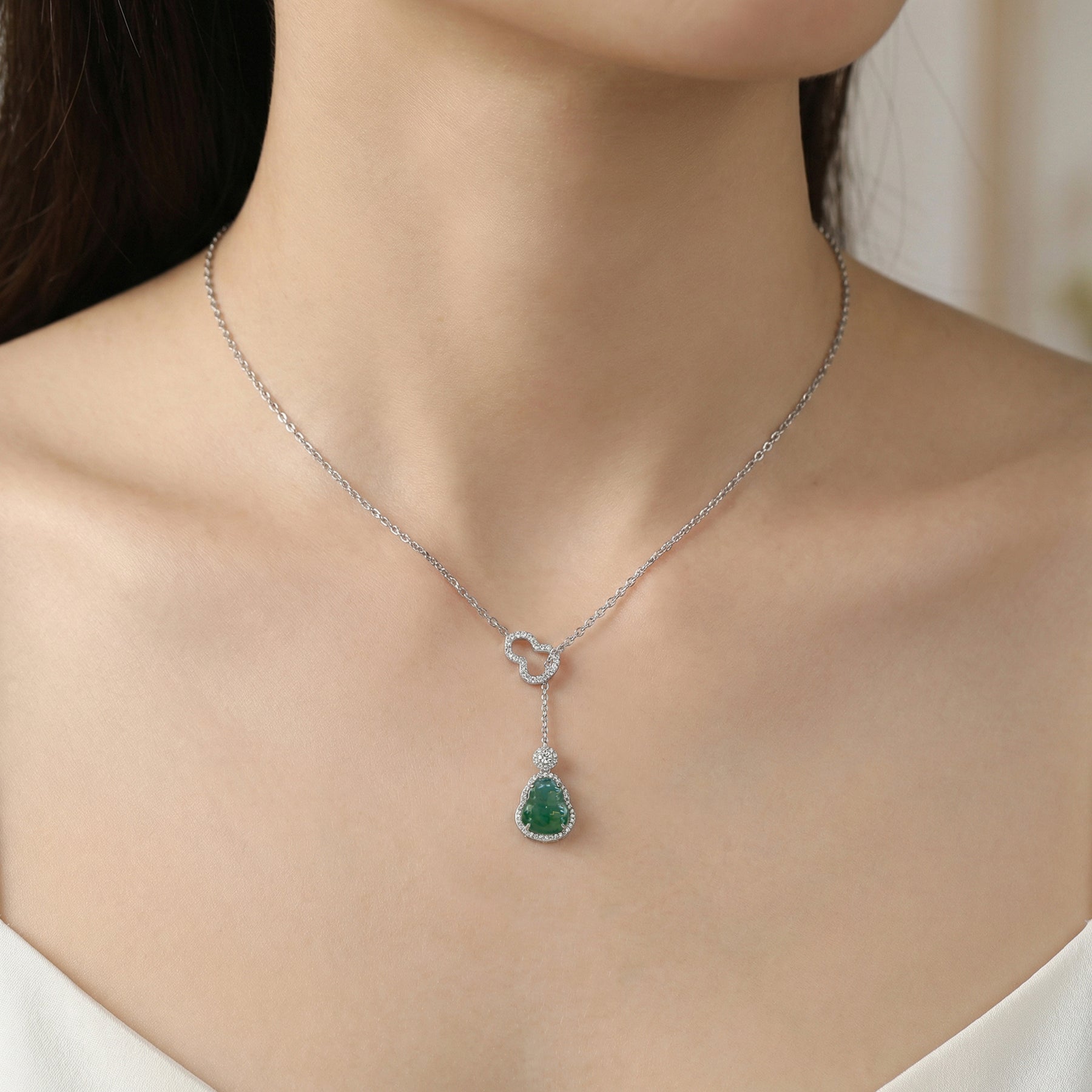 Green Jade Laughing Buddha Necklace – jade necklace, side detail