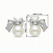 White Pearl Bow Stud Earrings – pearl earrings, front view