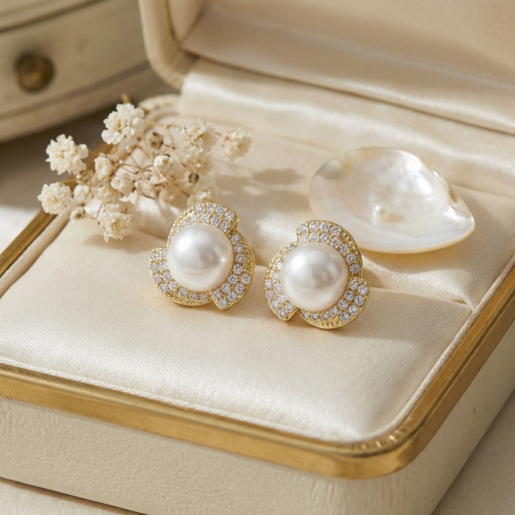 Pearl Studs with Swirl Accents – pearl earrings, front view