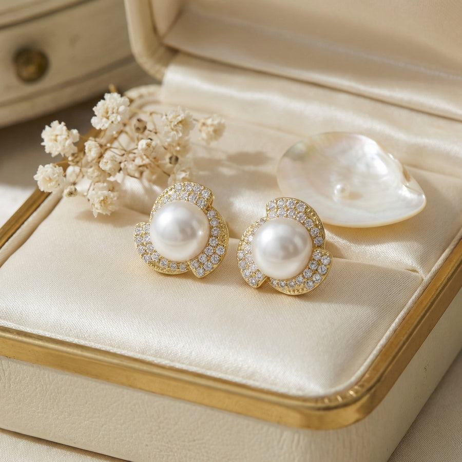 Pearl Studs with Swirl Accents – pearl earrings, front view