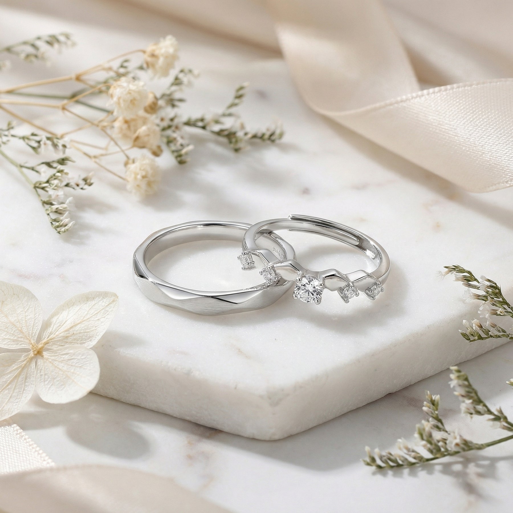 Faceted Couple Rings, Stone-Set Band – sterling silver ring, front view