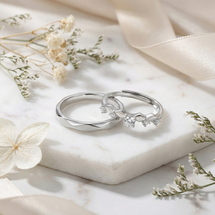 Faceted Couple Rings, Stone-Set Band – sterling silver ring, front view