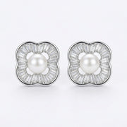 Pearl Baguette Four-Leaf Clover Studs – pearl earrings, front view