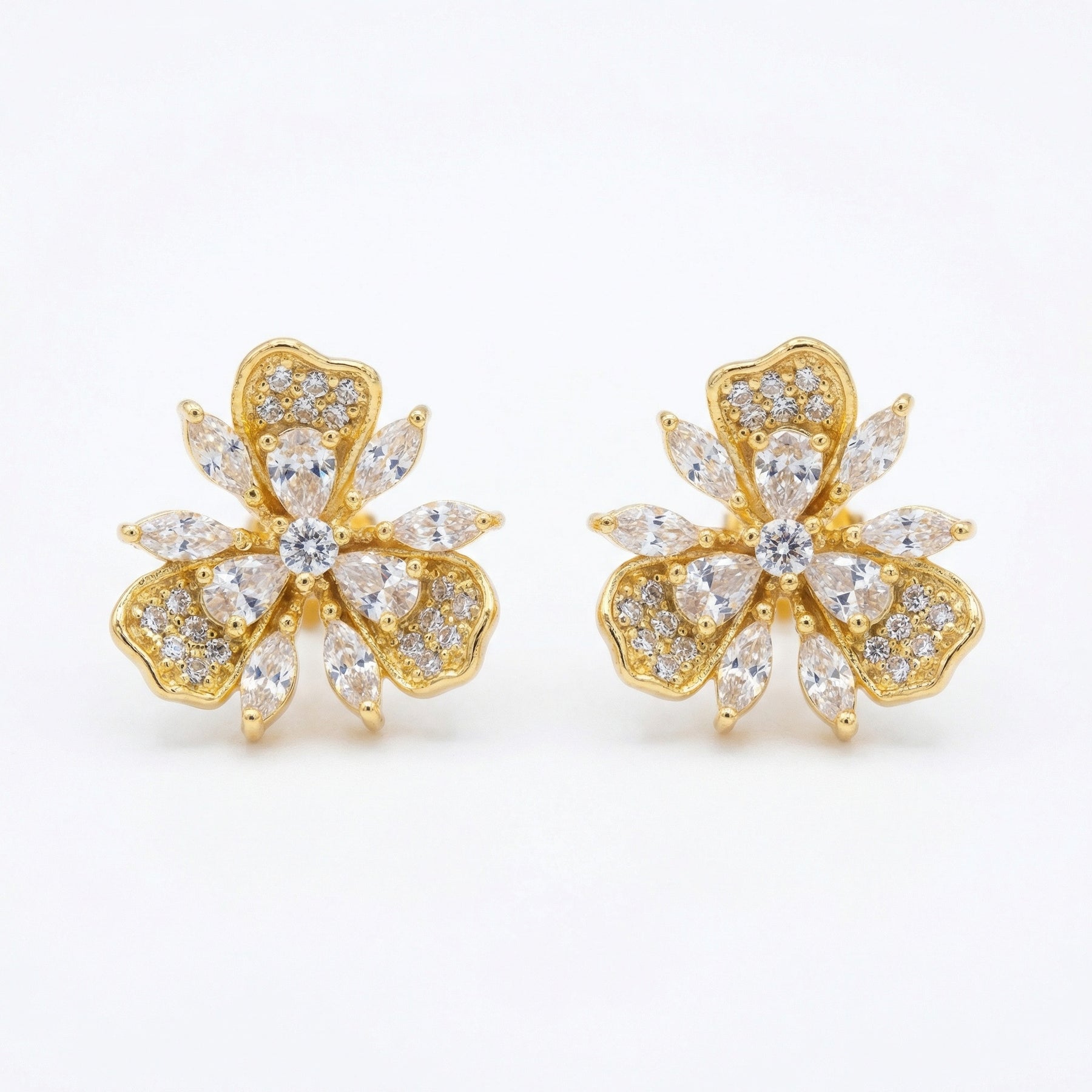 Triple-Petal Floral Stud Earrings – sterling silver earrings, side detail