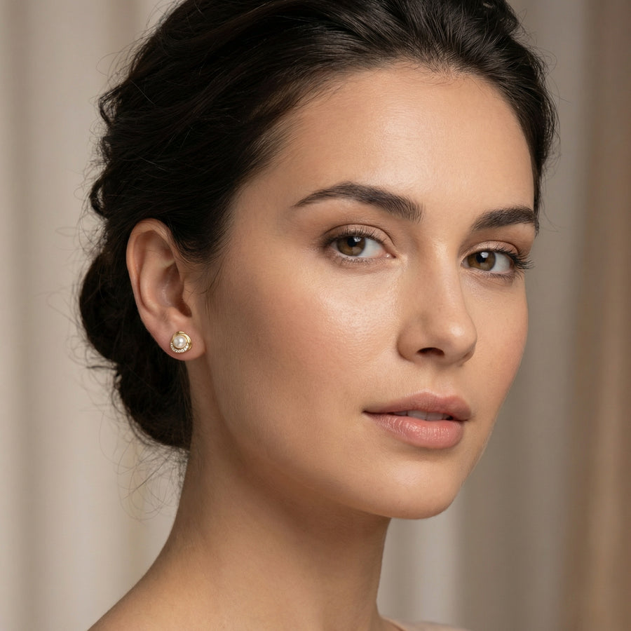Pearl Studs in Trillion Setting – pearl earrings, close-up