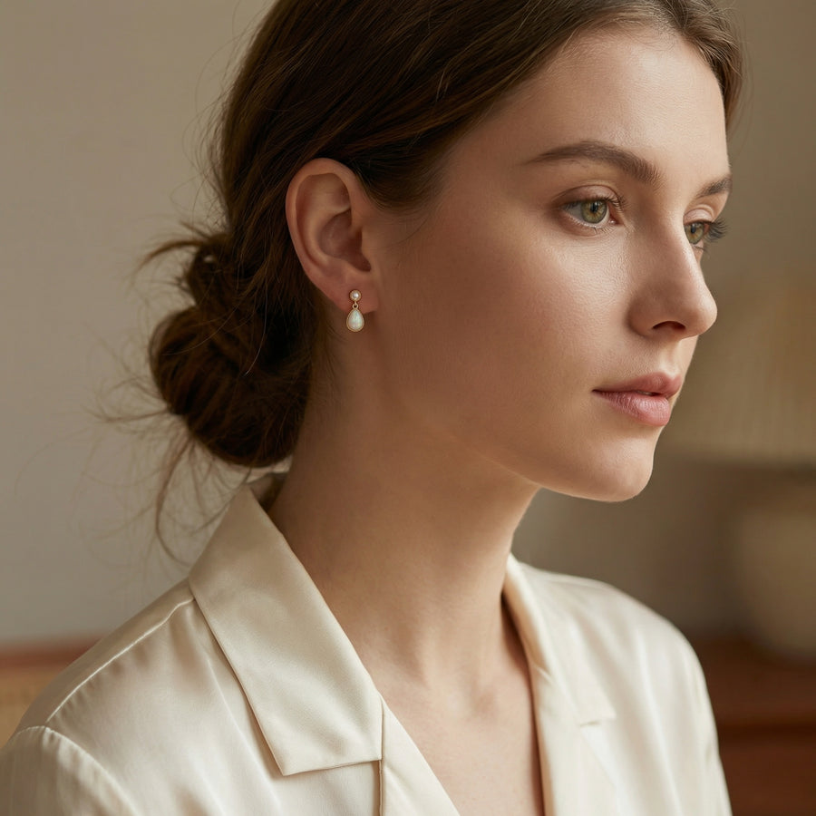 Pearl and Pear-Shaped Opal Drop Earrings – pearl earrings, front view