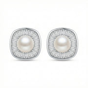Pearl Cushion Halo Stud Earrings – pearl earrings, front view