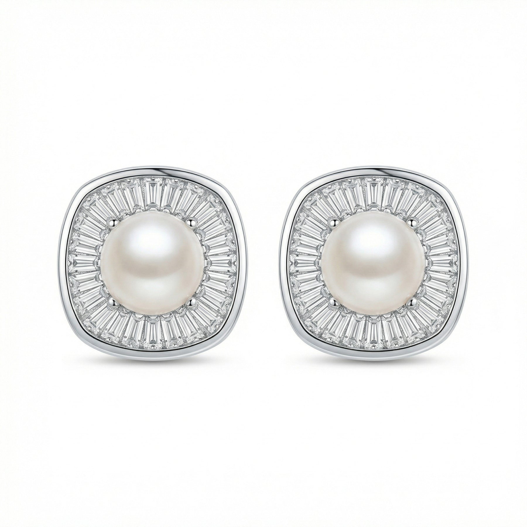 Pearl Cushion Halo Stud Earrings – pearl earrings, front view