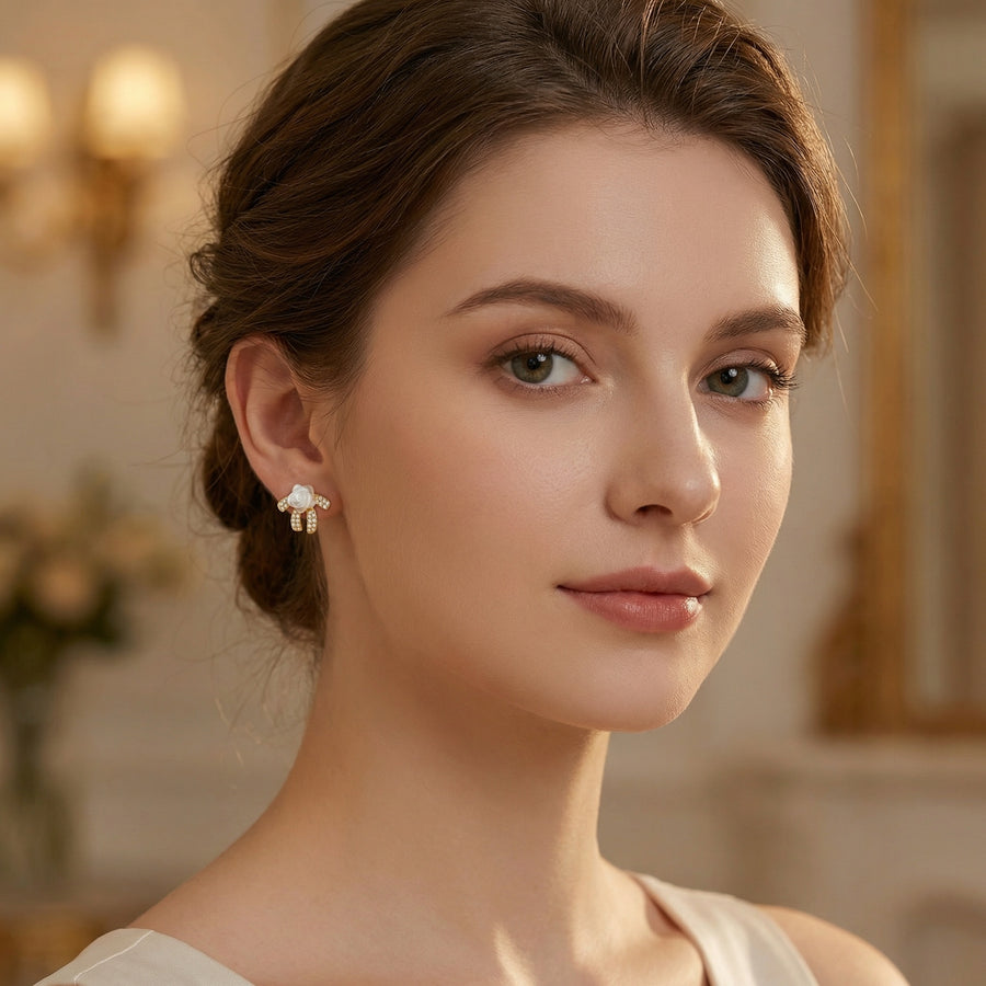 Mother-of-Pearl Rose Bow Studs – mother-of-pearl earrings, side detail