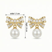 Crystal Bow and Pearl Dangle Earrings – pearl earrings, front view
