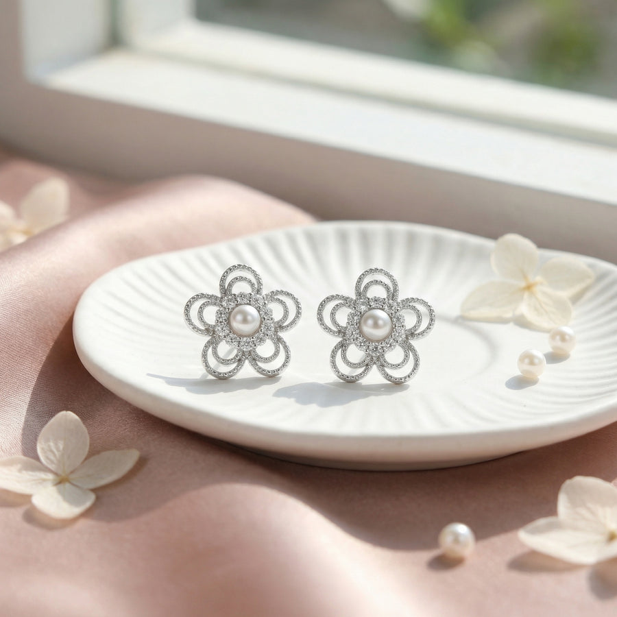 Open-Work Flower Pearl Stud Earrings – pearl earrings