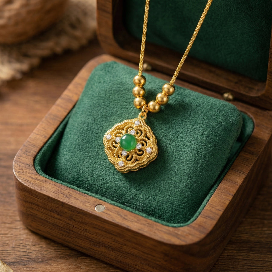 Ornate Filigree Green Cabochon Necklace – sterling silver necklace