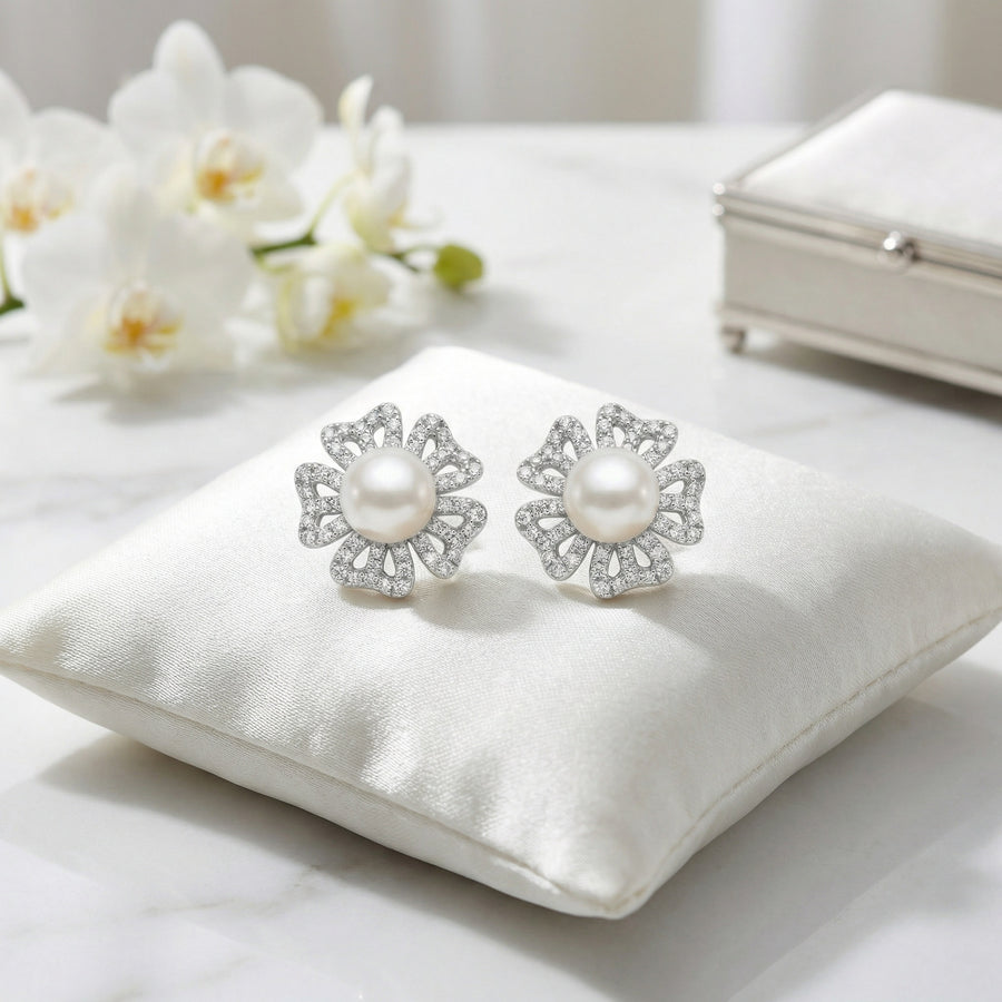 Pearl Floral Openwork Stud Earrings – pearl earrings, side detail